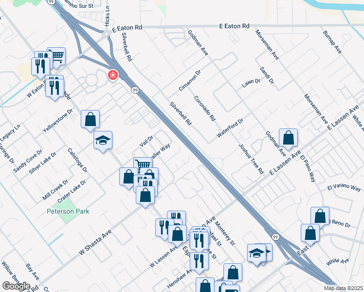 map of restaurants, bars, coffee shops, grocery stores, and more near 3052 Snowbird Drive in Chico