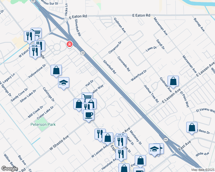 map of restaurants, bars, coffee shops, grocery stores, and more near 3052 Snowbird Drive in Chico