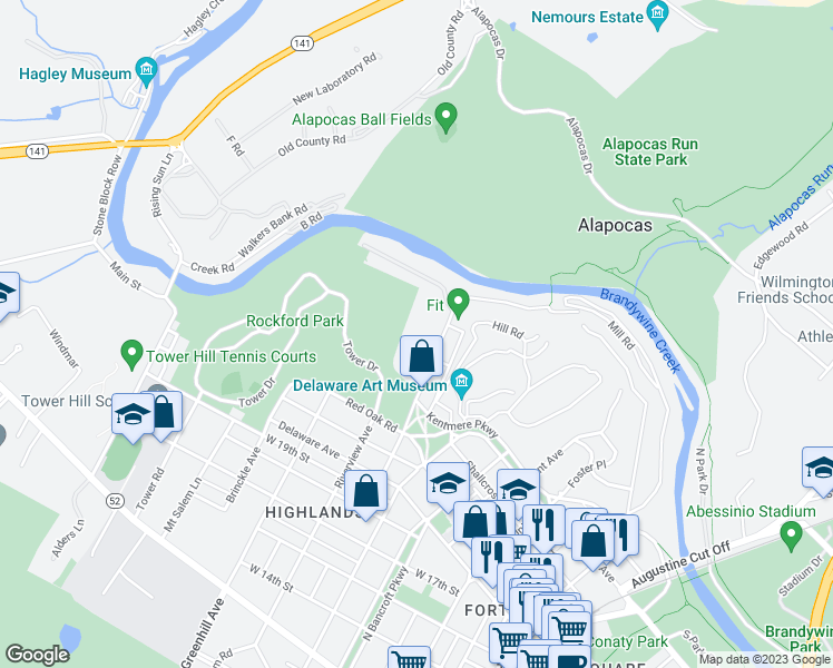 map of restaurants, bars, coffee shops, grocery stores, and more near 7 Rockford Road in Wilmington