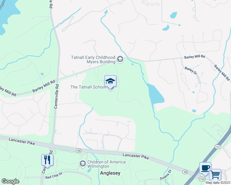 map of restaurants, bars, coffee shops, grocery stores, and more near 1501 Barley Mill Road in Wilmington