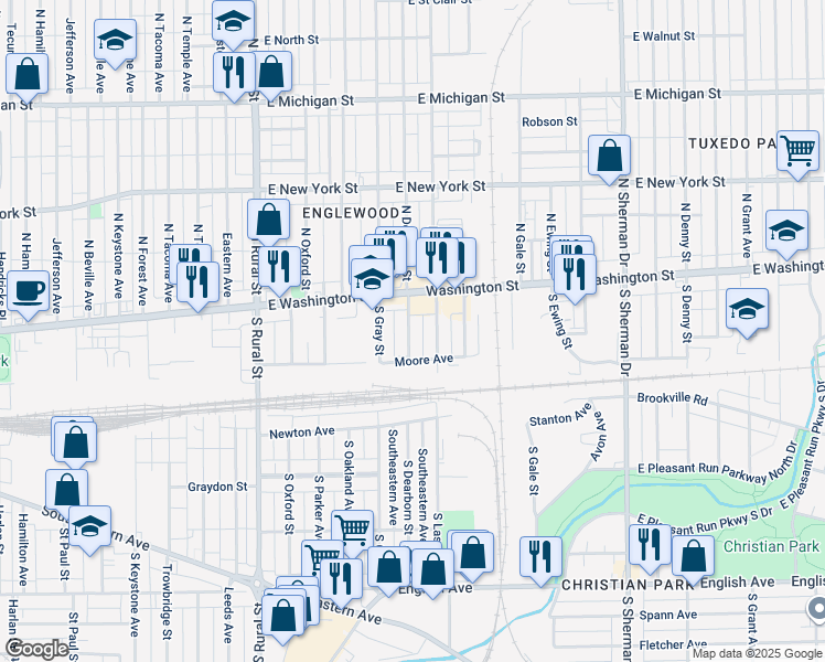 map of restaurants, bars, coffee shops, grocery stores, and more near 27 South Dearborn Street in Indianapolis