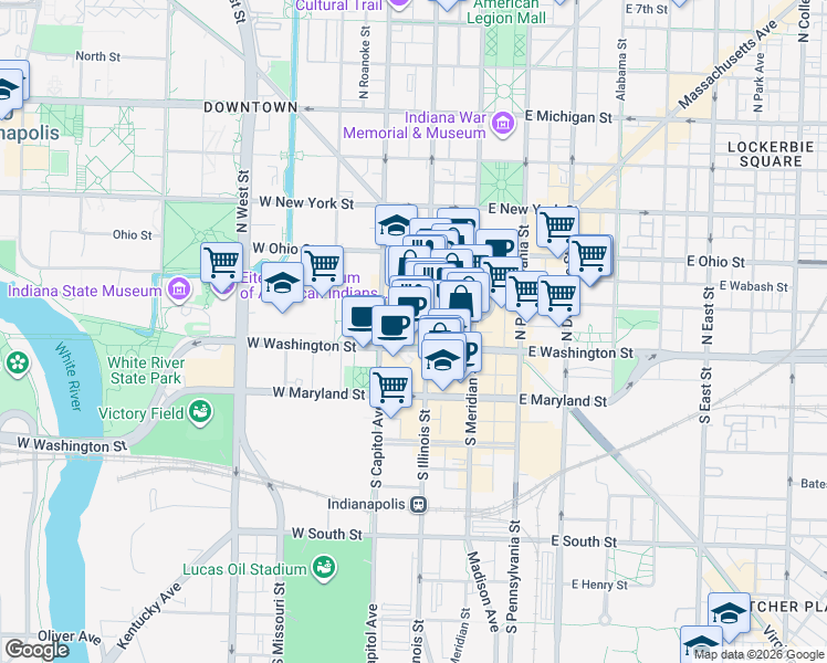 map of restaurants, bars, coffee shops, grocery stores, and more near 110 West Market Street in Indianapolis