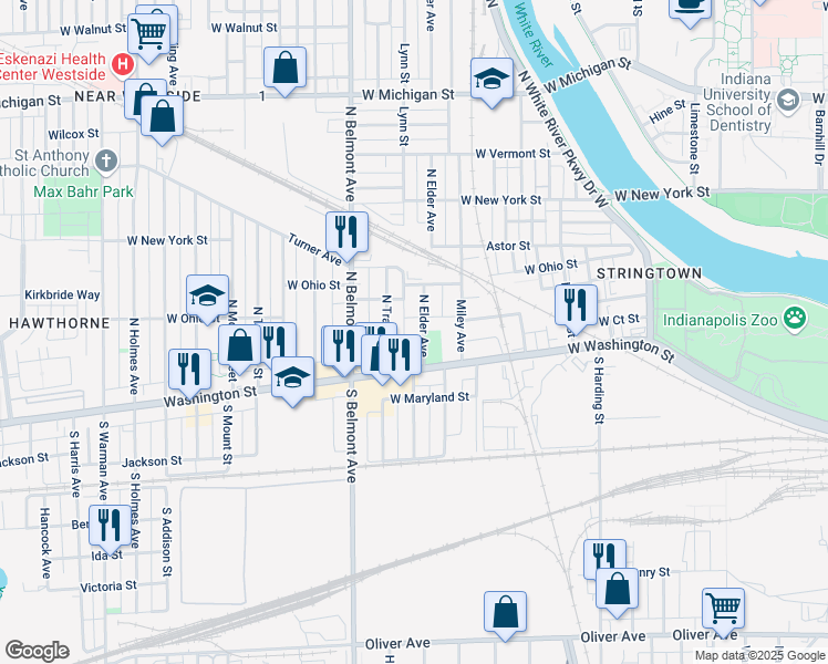 map of restaurants, bars, coffee shops, grocery stores, and more near 50 North Elder Avenue in Indianapolis