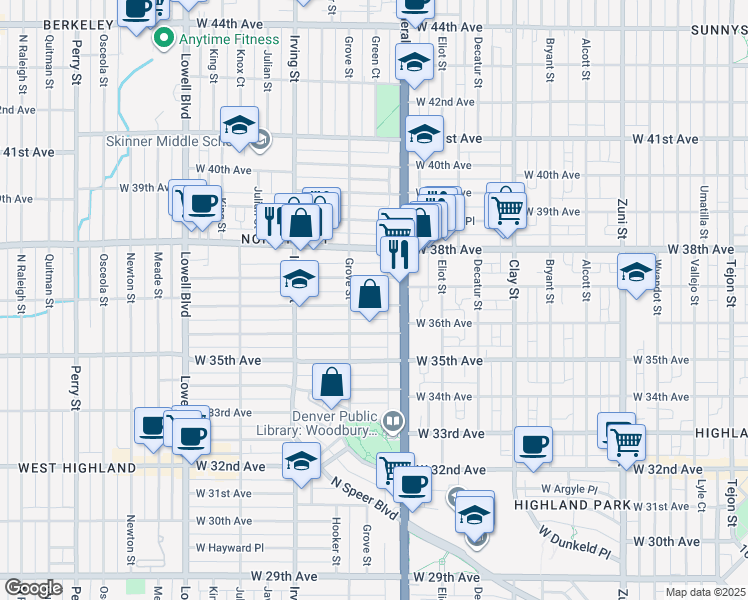 map of restaurants, bars, coffee shops, grocery stores, and more near 3051 West 37th Avenue in Denver
