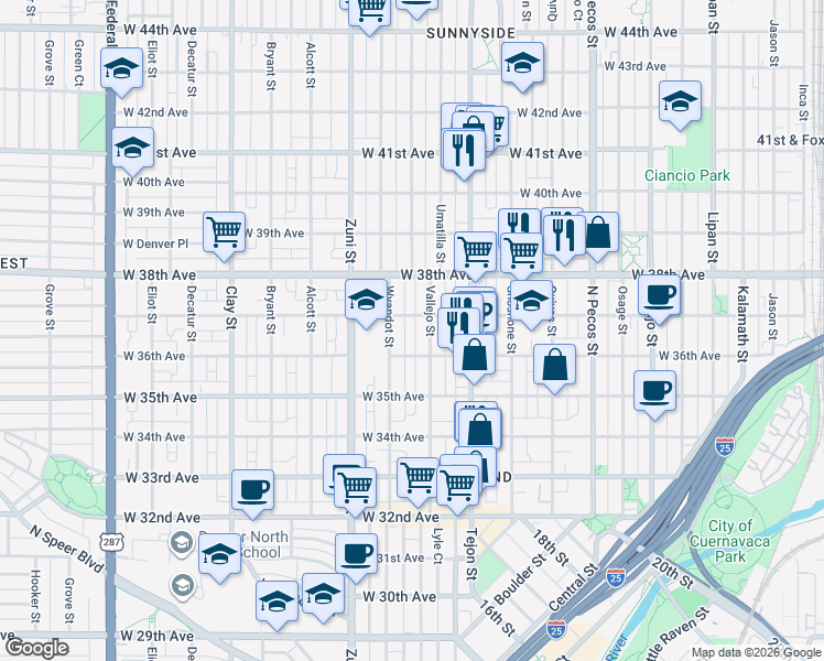 map of restaurants, bars, coffee shops, grocery stores, and more near 2224 West 37th Avenue in Denver