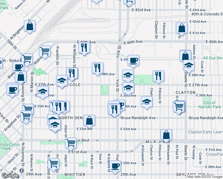 map of restaurants, bars, coffee shops, grocery stores, and more near 3630 North Gaylord Street in Denver