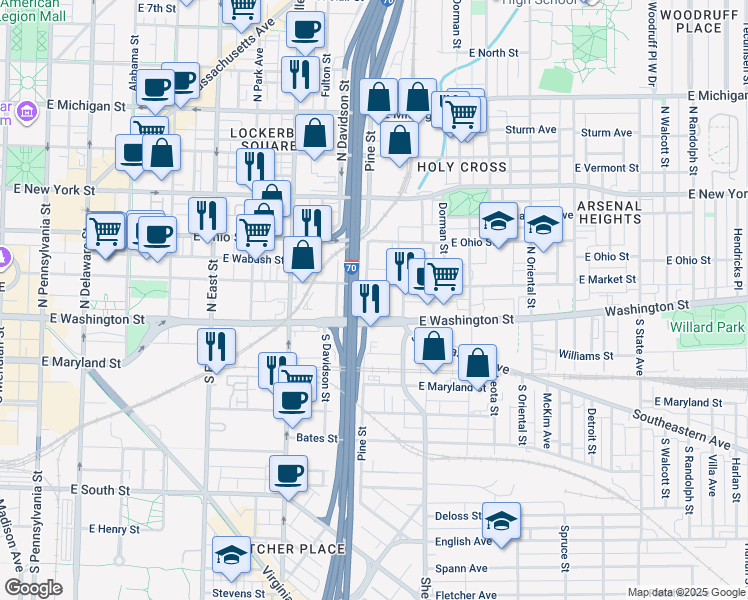 map of restaurants, bars, coffee shops, grocery stores, and more near 8 North Pine Street in Indianapolis