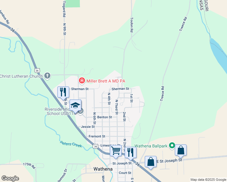 map of restaurants, bars, coffee shops, grocery stores, and more near 311 Sherman Street in Wathena