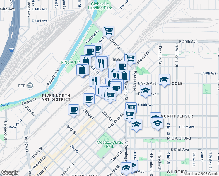 map of restaurants, bars, coffee shops, grocery stores, and more near in Denver