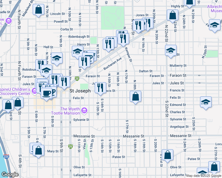 map of restaurants, bars, coffee shops, grocery stores, and more near 1501 Francis Street in Saint Joseph