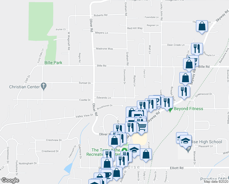 map of restaurants, bars, coffee shops, grocery stores, and more near 717 Edwards Lane in Paradise