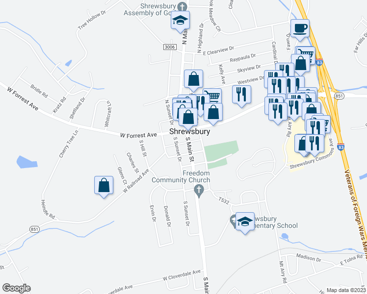 map of restaurants, bars, coffee shops, grocery stores, and more near 32-34 South Main Street in Shrewsbury