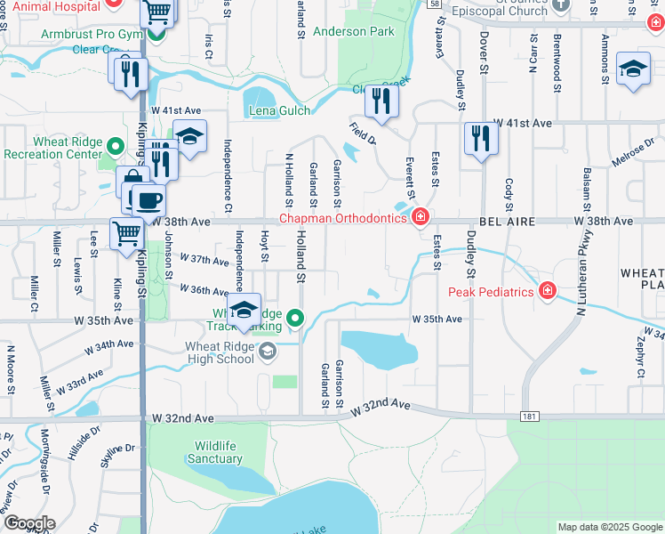map of restaurants, bars, coffee shops, grocery stores, and more near 3720 Garland Street in Wheat Ridge