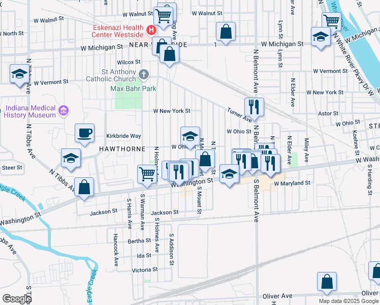 map of restaurants, bars, coffee shops, grocery stores, and more near 75 North Belleview Place in Indianapolis