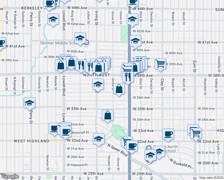 map of restaurants, bars, coffee shops, grocery stores, and more near 3138 West Clyde Place in Denver