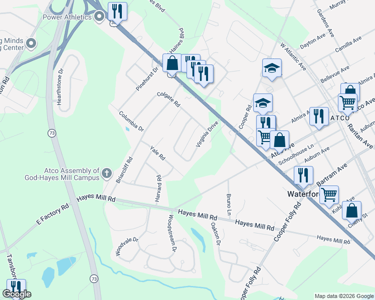 map of restaurants, bars, coffee shops, grocery stores, and more near 18 Josie Lane in Atco