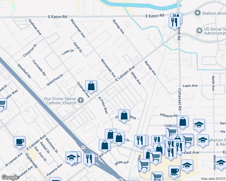 map of restaurants, bars, coffee shops, grocery stores, and more near 701 East Lassen Avenue in Chico