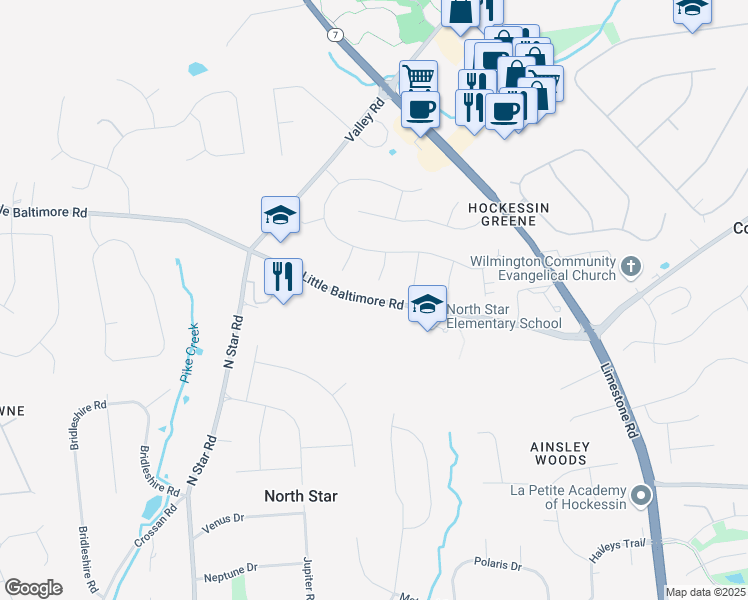 map of restaurants, bars, coffee shops, grocery stores, and more near 1340 Little Baltimore Road in Hockessin