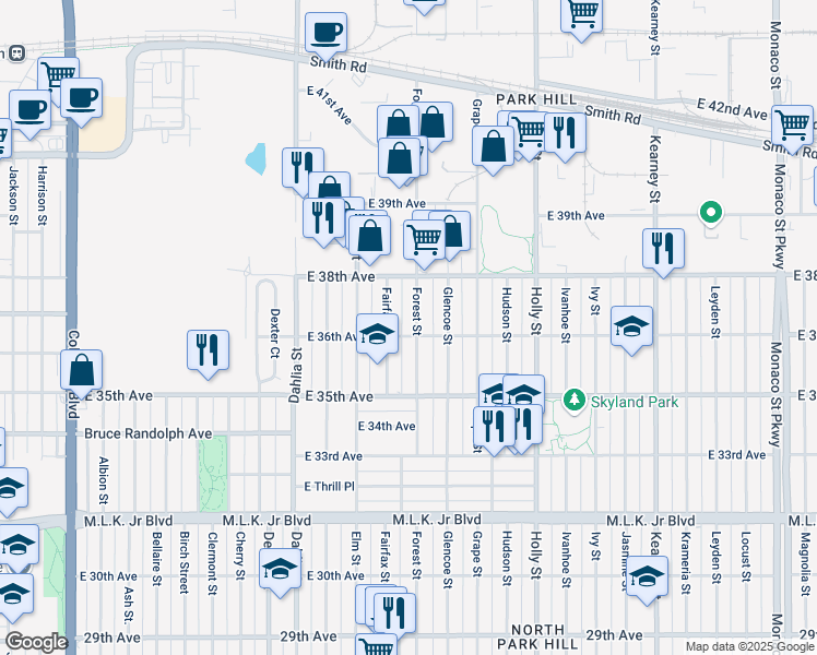 map of restaurants, bars, coffee shops, grocery stores, and more near 3609 Forest Street in Denver