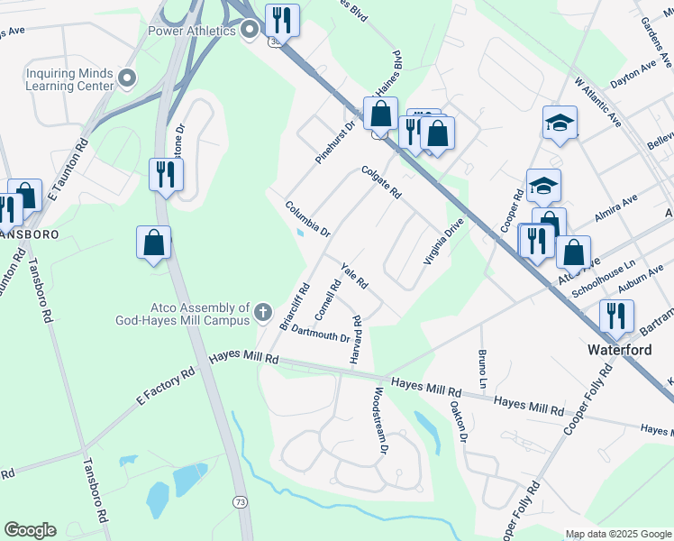 map of restaurants, bars, coffee shops, grocery stores, and more near 4 Yale Road in Atco