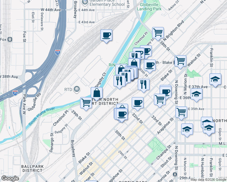 map of restaurants, bars, coffee shops, grocery stores, and more near 3200 Brighton Boulevard in Denver