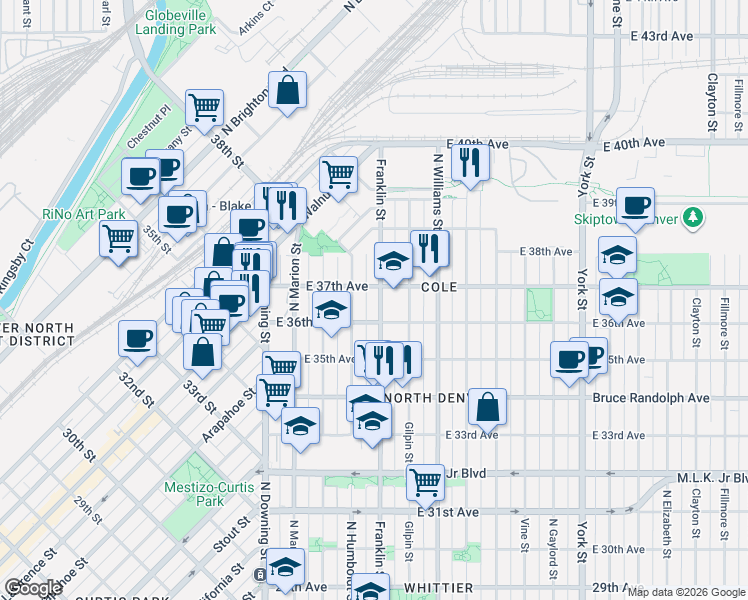 map of restaurants, bars, coffee shops, grocery stores, and more near 3653 Franklin Street in Denver