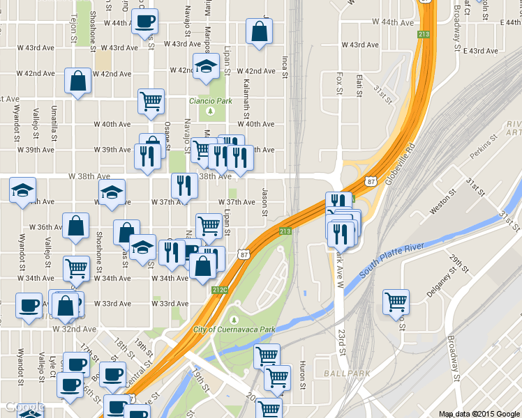 map of restaurants, bars, coffee shops, grocery stores, and more near 1125 West 37th Avenue in Denver