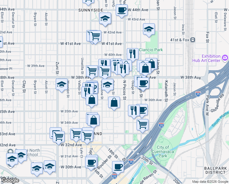 map of restaurants, bars, coffee shops, grocery stores, and more near 1750 West 37th Avenue in Denver
