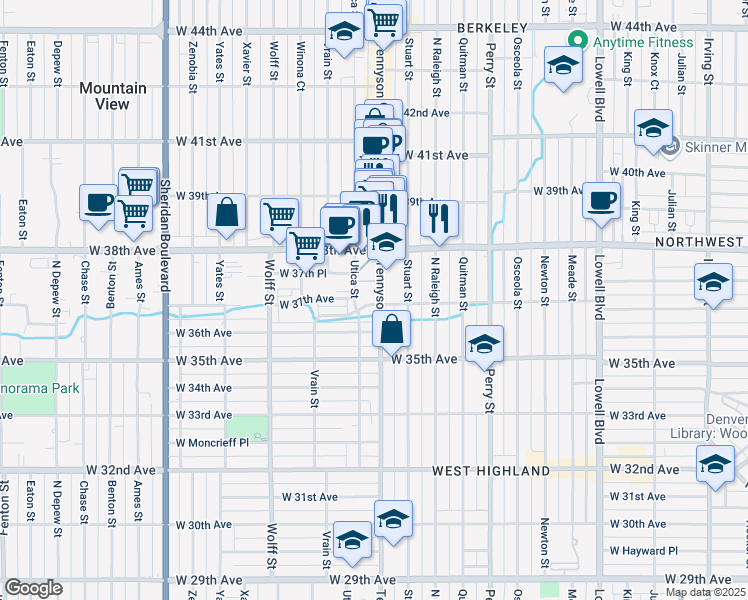 map of restaurants, bars, coffee shops, grocery stores, and more near 3755 Tennyson Street in Denver
