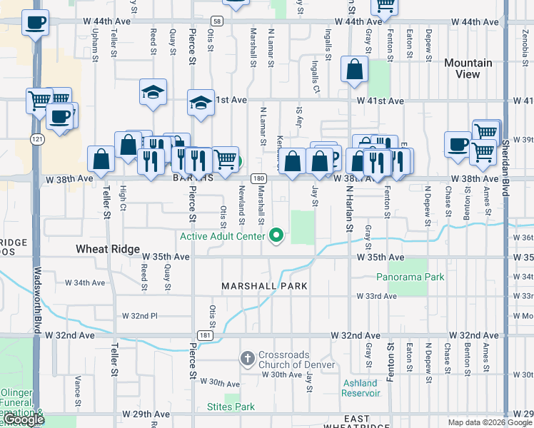 map of restaurants, bars, coffee shops, grocery stores, and more near 3700 Marshall Street in Wheat Ridge