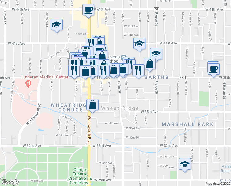 map of restaurants, bars, coffee shops, grocery stores, and more near 3659 Teller Street in Wheat Ridge