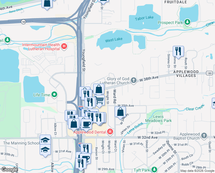 map of restaurants, bars, coffee shops, grocery stores, and more near 3813 Wright Street in Wheat Ridge
