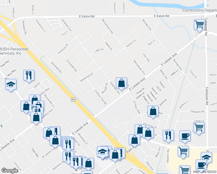 map of restaurants, bars, coffee shops, grocery stores, and more near 583 Morgan Drive in Chico