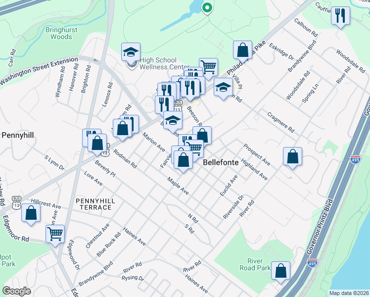 map of restaurants, bars, coffee shops, grocery stores, and more near 1100 Talley Road in Wilmington