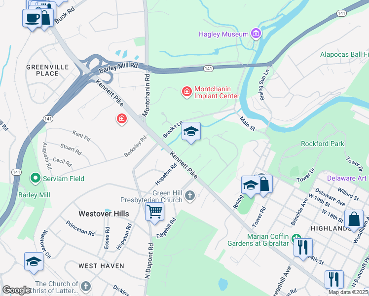 map of restaurants, bars, coffee shops, grocery stores, and more near 3130 Kennett Pike in Wilmington