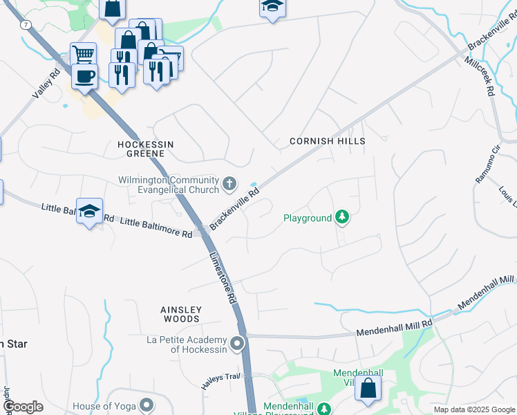 map of restaurants, bars, coffee shops, grocery stores, and more near 1540 Brackenville Road in Hockessin