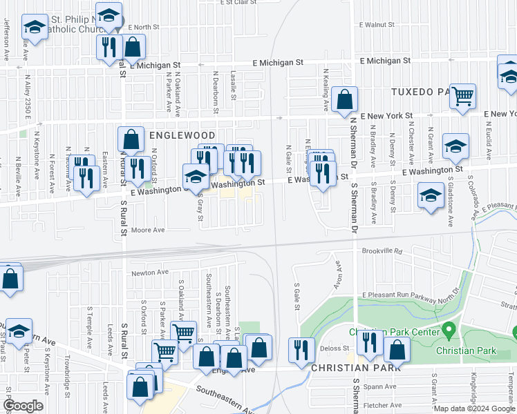 map of restaurants, bars, coffee shops, grocery stores, and more near 3409 Washington Street in Indianapolis