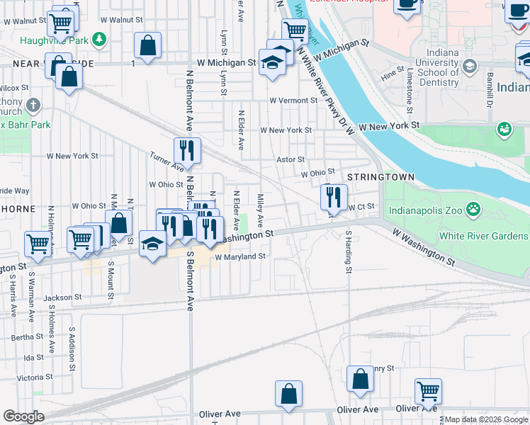 map of restaurants, bars, coffee shops, grocery stores, and more near 38 Miley Avenue in Indianapolis