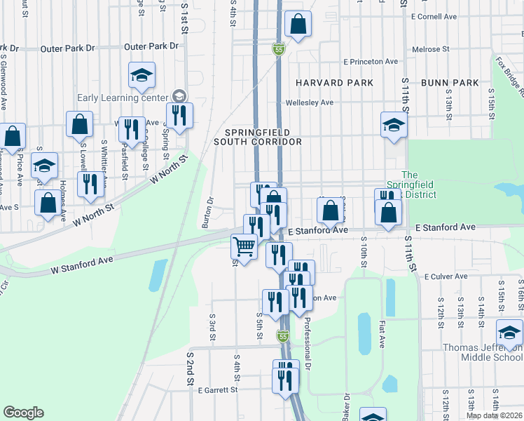 map of restaurants, bars, coffee shops, grocery stores, and more near 2625 South 6th Street in Springfield
