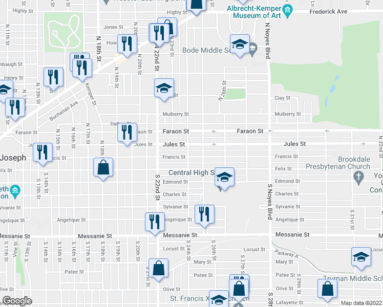 map of restaurants, bars, coffee shops, grocery stores, and more near 2402 Jules Street in Saint Joseph