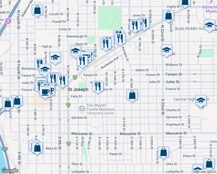 map of restaurants, bars, coffee shops, grocery stores, and more near 1510 Jules Street in Saint Joseph