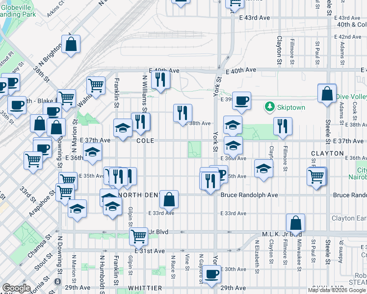 map of restaurants, bars, coffee shops, grocery stores, and more near 3631 Vine Street in Denver