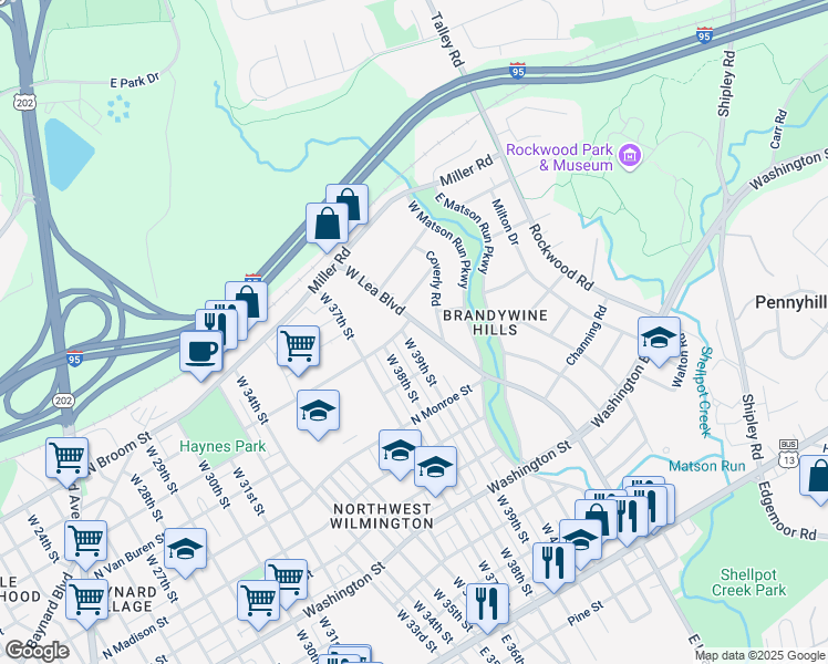 map of restaurants, bars, coffee shops, grocery stores, and more near 610 West Lea Boulevard in Wilmington