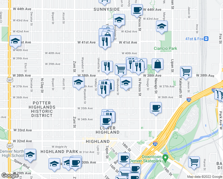 map of restaurants, bars, coffee shops, grocery stores, and more near 1934 West 37th Avenue in Denver