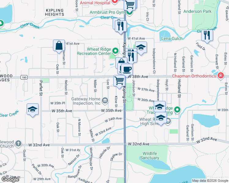 map of restaurants, bars, coffee shops, grocery stores, and more near 3685 Kline Street in Wheat Ridge