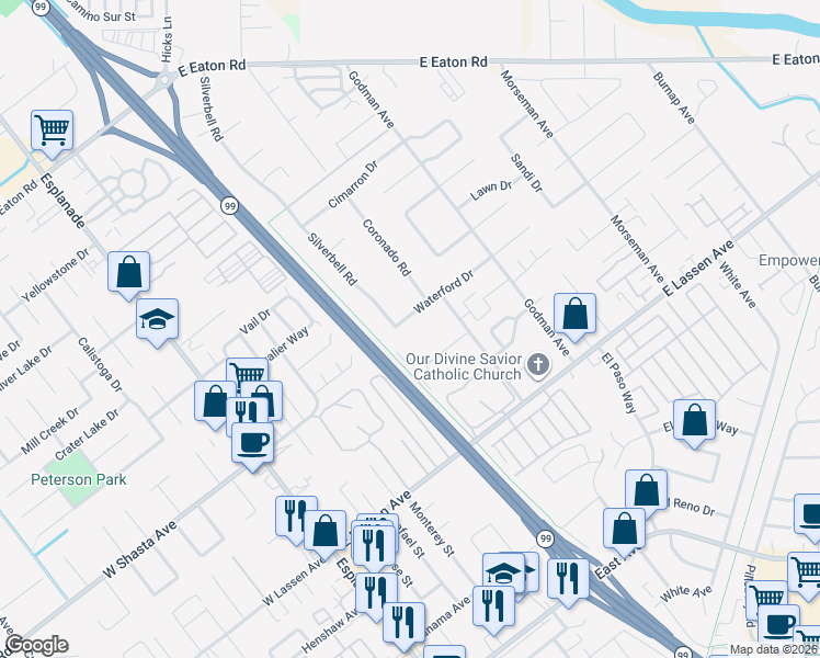 map of restaurants, bars, coffee shops, grocery stores, and more near 456 Waterford Drive in Chico