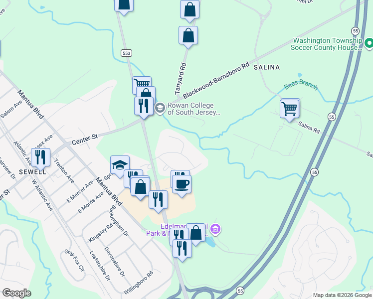 map of restaurants, bars, coffee shops, grocery stores, and more near 14 Meadow Court in Gloucester County