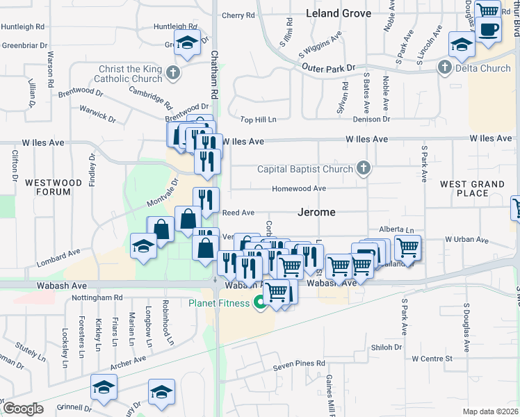 map of restaurants, bars, coffee shops, grocery stores, and more near 1702 Reed Avenue in Jerome