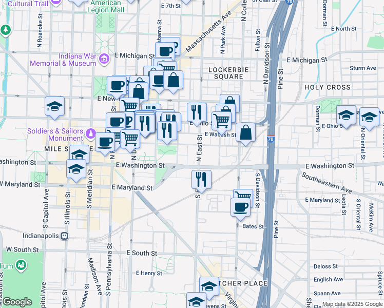 map of restaurants, bars, coffee shops, grocery stores, and more near 451 East Market Street in Indianapolis