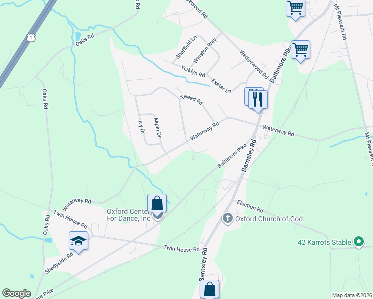 map of restaurants, bars, coffee shops, grocery stores, and more near 258 Waterway Road in Oxford